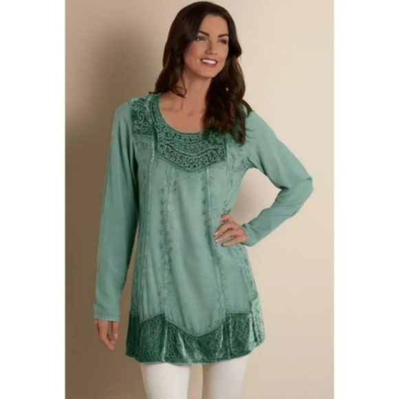 Soft Surroundings womens Medium embroidered mixed media long sleeve tunic top - Picture 2 of 5
